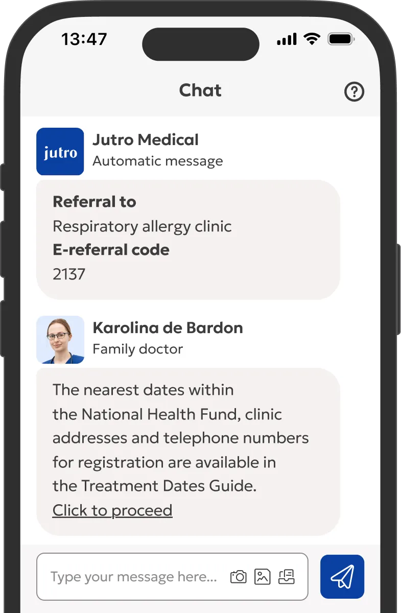 Application screen showing a chat with a doctor who gives instructions on where to find a clinic where a patient can use their referral 