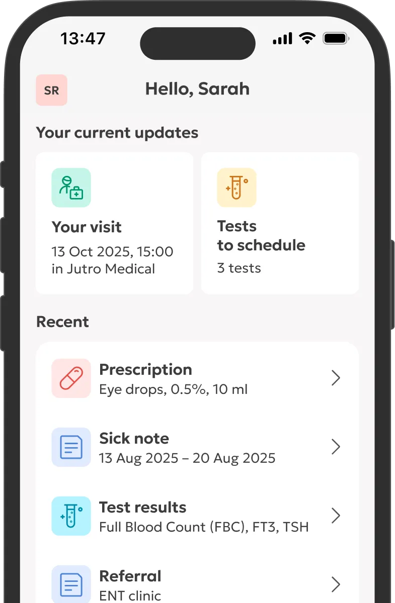 Application screen from which you can schedule tests and access prescriptions, sick notes, referrals and test results