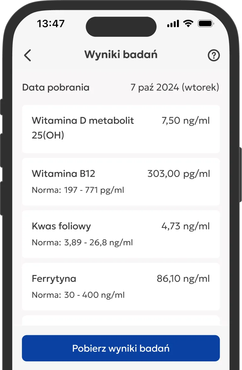 Ekran aplikacji z widocznymi wynikami badań krwi